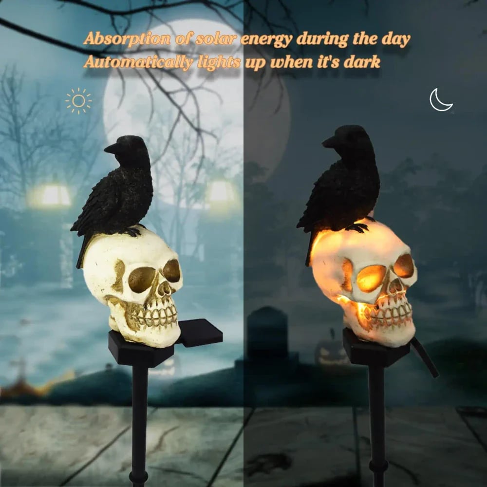 Animated Raven Skull Solar Garden Stake – Spooky Moving Halloween Outdoor Yard Decor