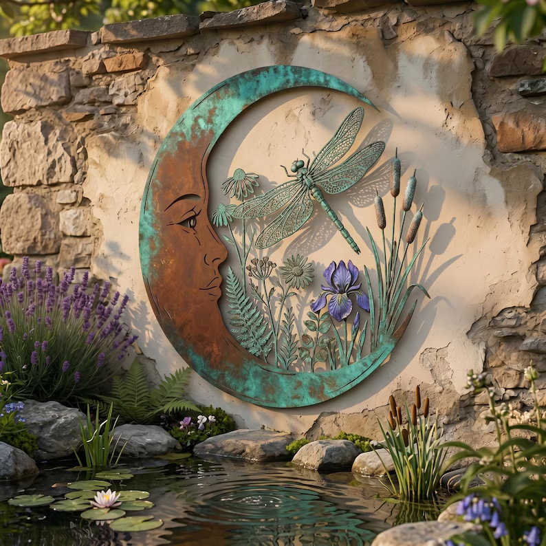 Dragonfly moon metal garden decor above a pond