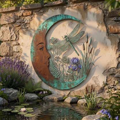 Dragonfly moon metal garden decor above a pond