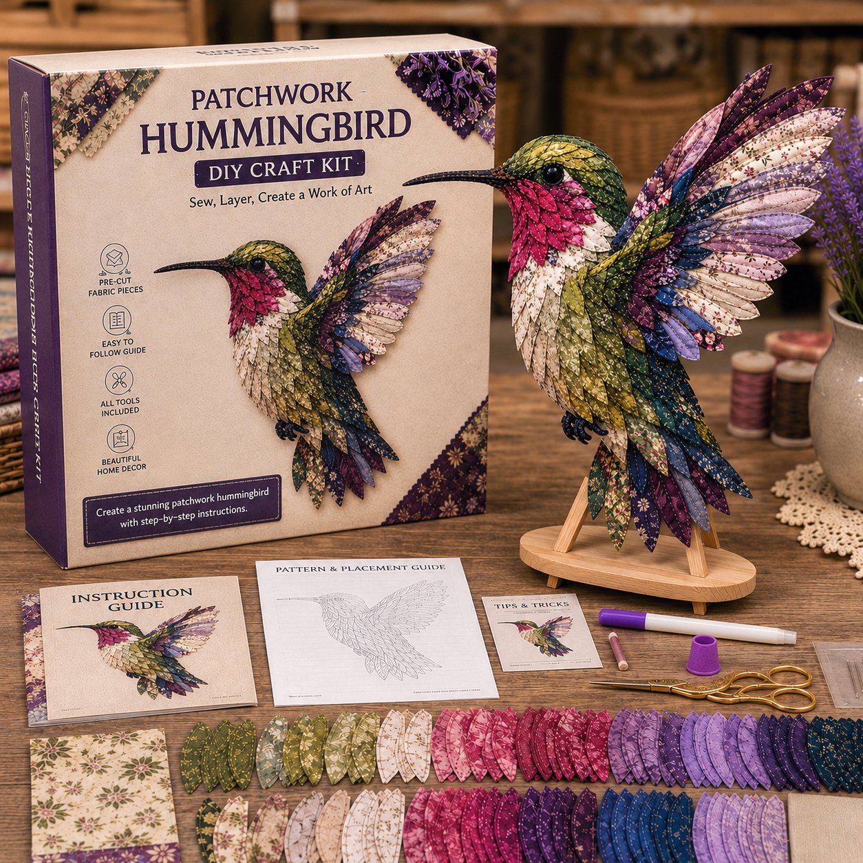 🧵 Beginner Friendly ✨ 3D Patchwork Bird DIY Craft Kit – Create a Layered Fabric Bird Worth Displaying