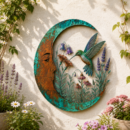 Hummingbird crescent moon metal wall decor among flowers