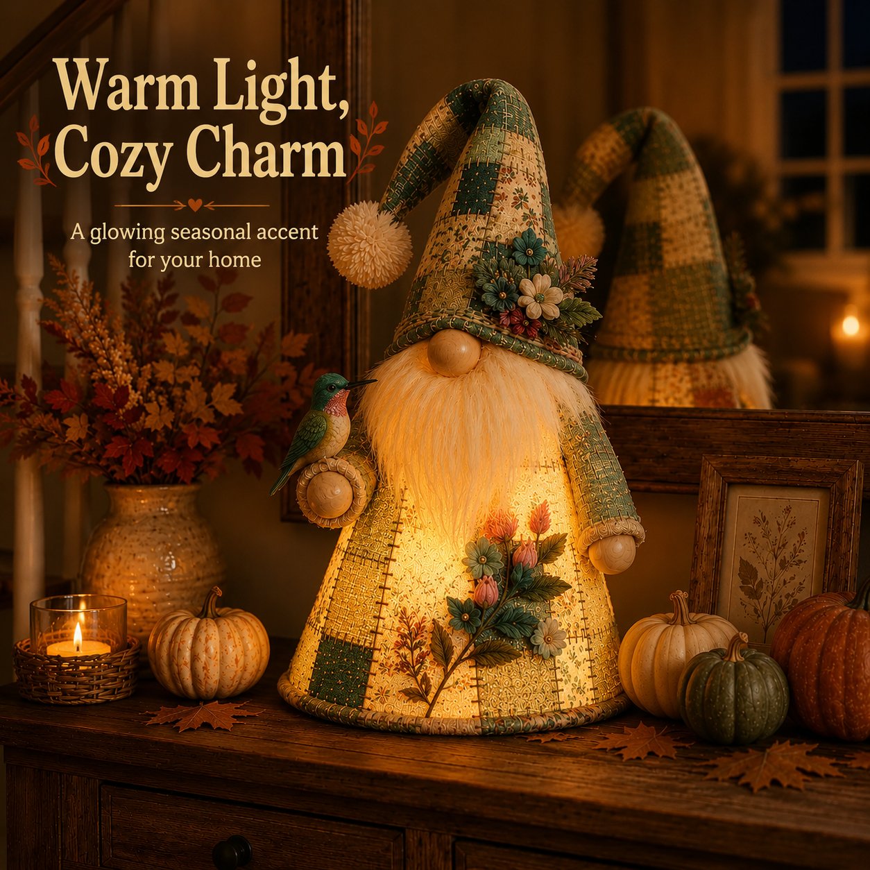 🔥 LAST DAY 49% OFF – 🐦 Patchwork Bird Gnome Light Collection | Warm Glowing Tabletop Decor with Farmhouse Patchwork Details for Mantels, Shelves & Holiday Gifts ✨