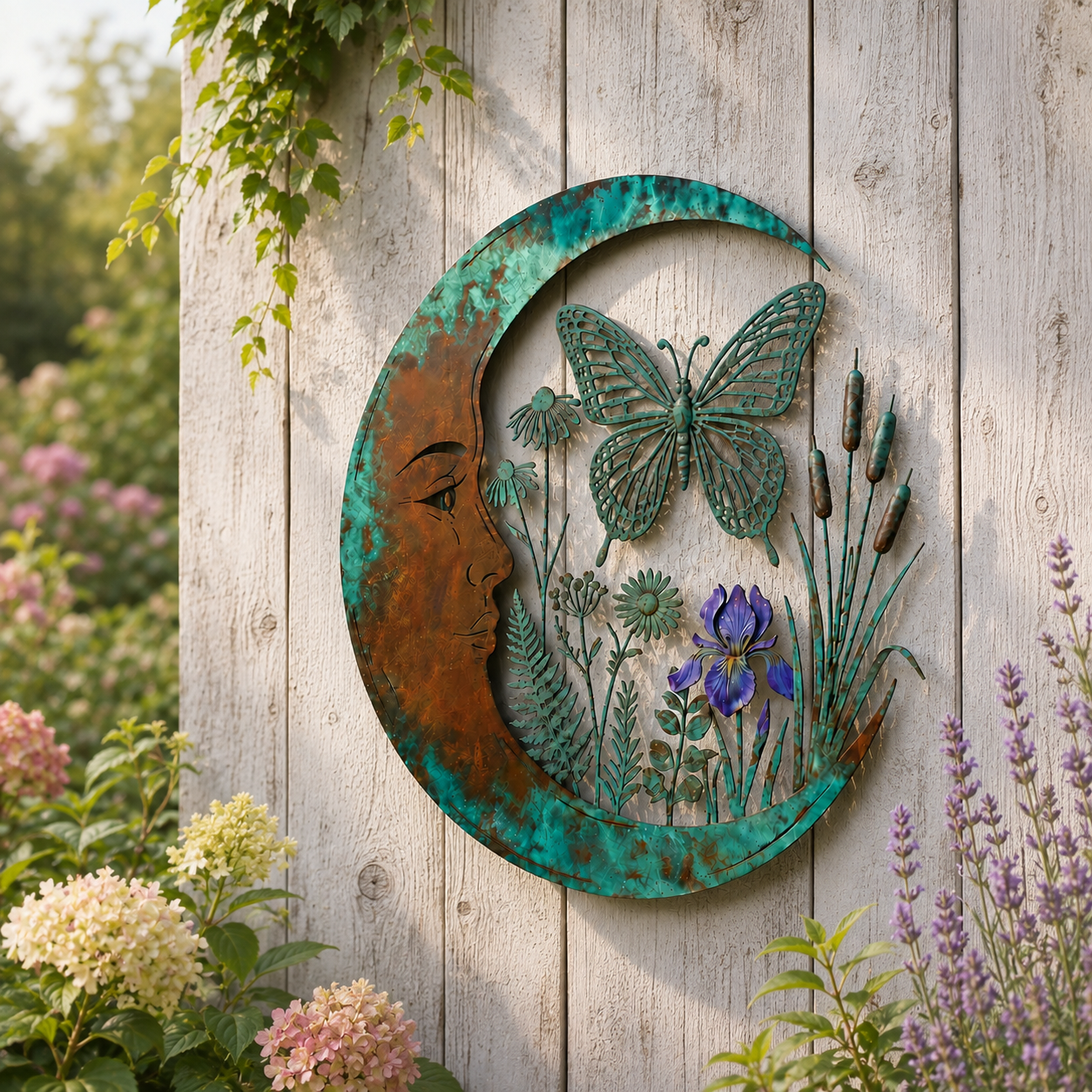 Butterfly moon metal wall art on a wooden garden wall