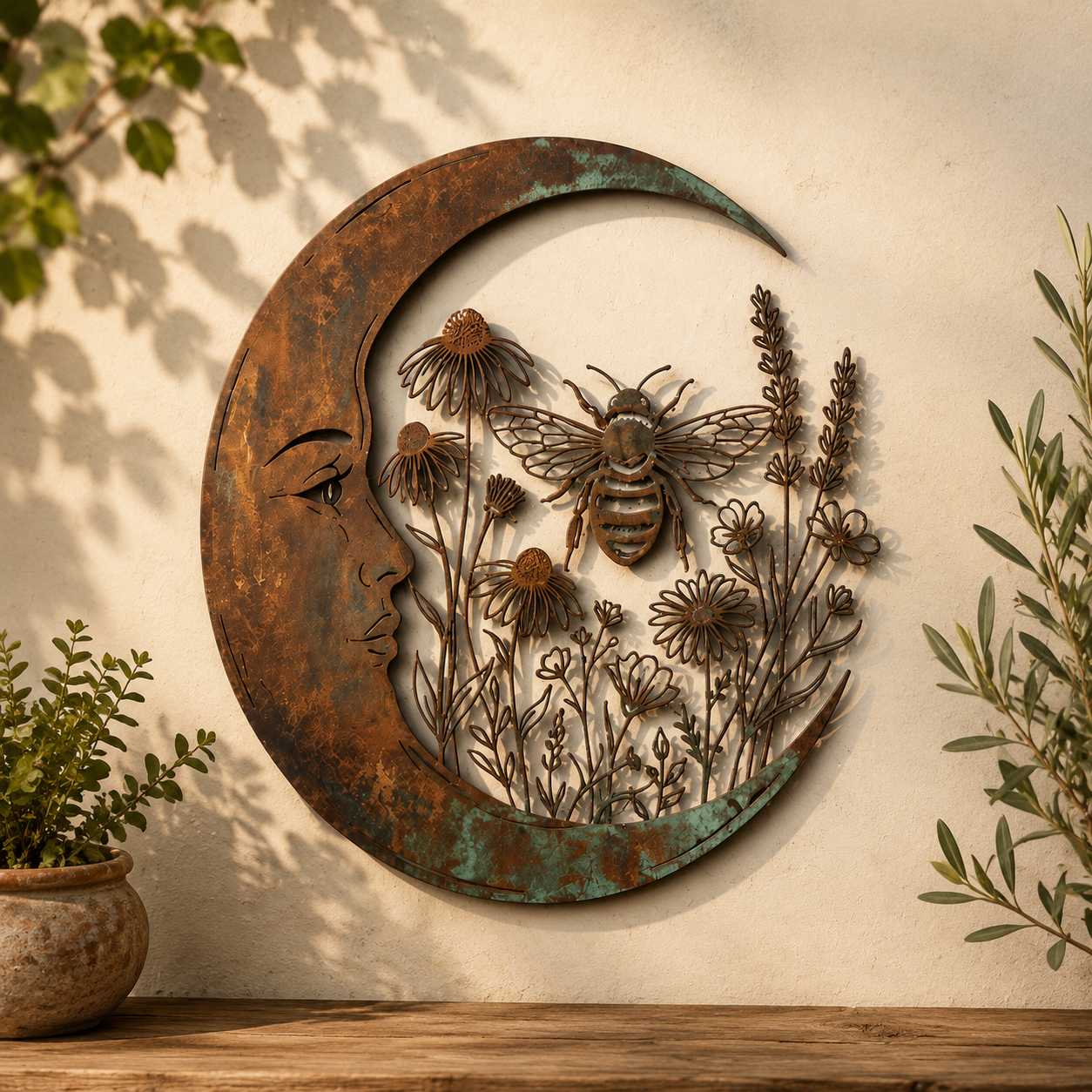 Rustic bee crescent moon wall decor in warm sunlight