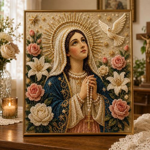 🙏 Divine Pearl Bead Virgin Mary Icon – A Peaceful DIY Faith Art Gift ✨