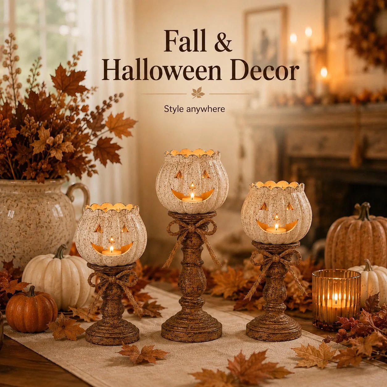 🕯   Set of 3 Rustic White Pumpkin Tealight Candle Holders  | Layered Farmhouse Fall Decor For Halloween & Thanksgiving