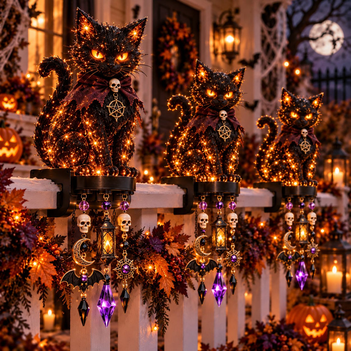 🔥HOT SALE🔥🎃 Halloween Character Glow Cascade Railing Lights – Pumpkin, Witch, Ghost & Black Cat