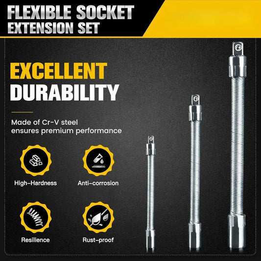 2026 Hot Sale💖1/2 Inch 35cm Socket Ratchet Wrench Set - 3 Bendable Shafts, Wrench Extender Tool, Connecting Rod