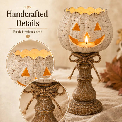 🕯   Set of 3 Rustic White Pumpkin Tealight Candle Holders  | Layered Farmhouse Fall Decor For Halloween & Thanksgiving