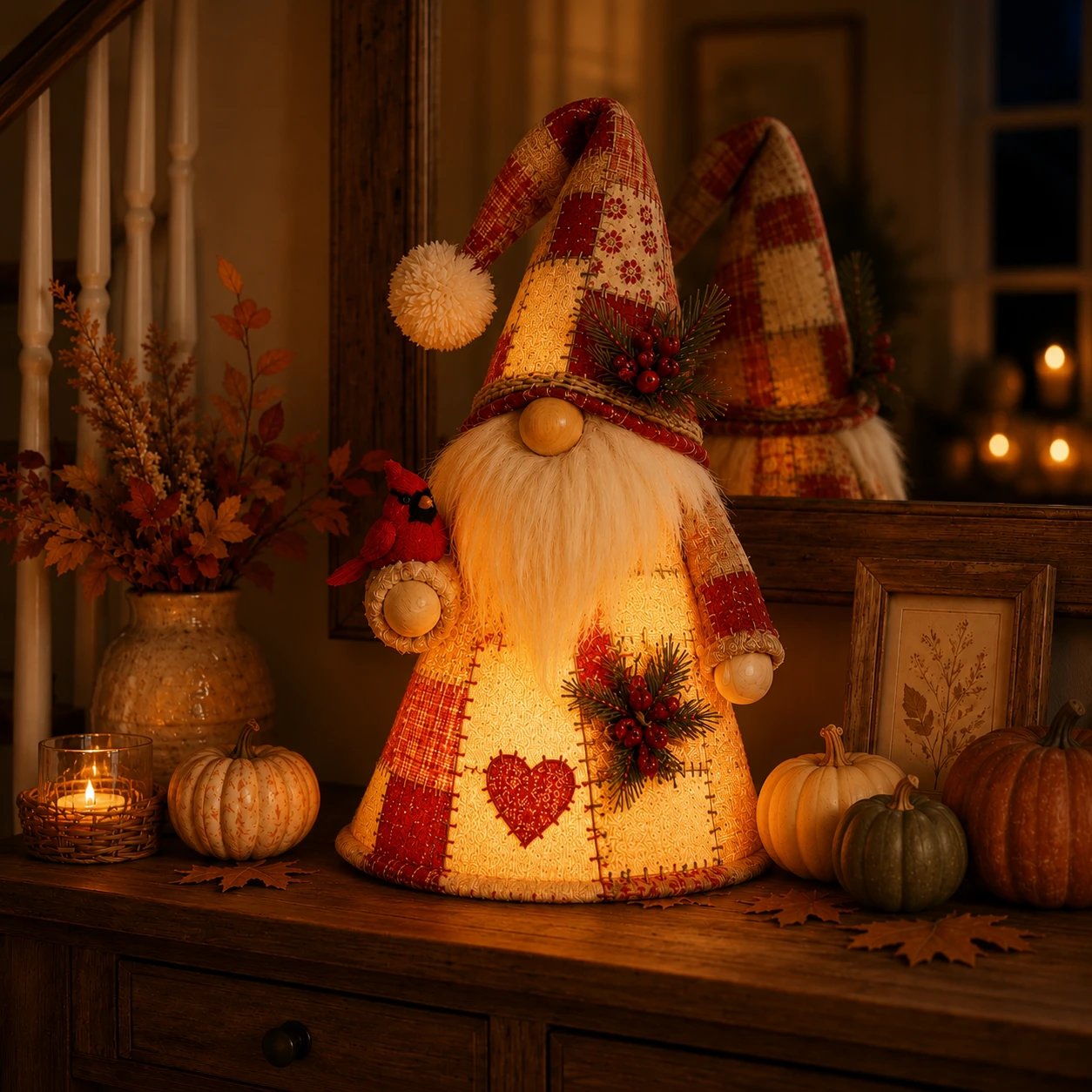 🔥 LAST DAY 49% OFF – 🐦 Patchwork Bird Gnome Light Collection | Warm Glowing Tabletop Decor with Farmhouse Patchwork Details for Mantels, Shelves & Holiday Gifts ✨