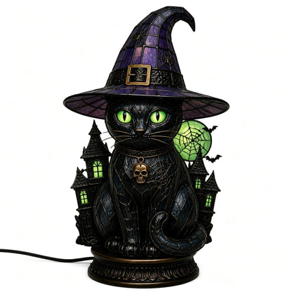 🐈 Gothic Stained Glass Witch Black Cat Table Lamp | Halloween Witch Hat Night Light Decor