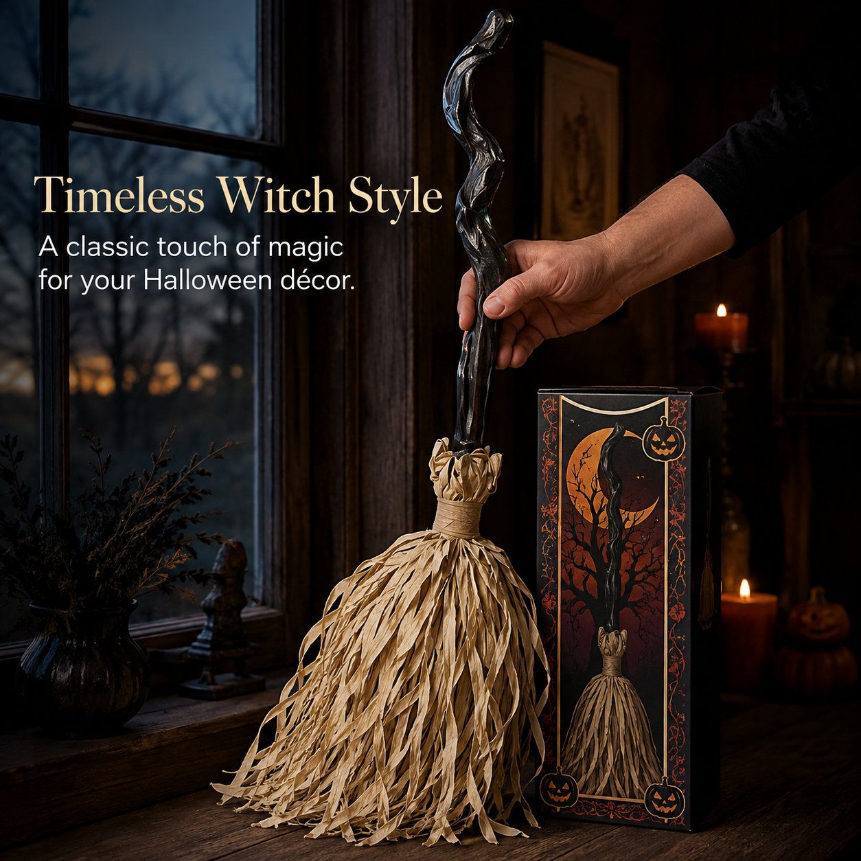 Animated Moving Witch Broom, Light‑Sound‑Motion Halloween Prop to Boost Thrill for Your Indoor & Outdoor Party Decor