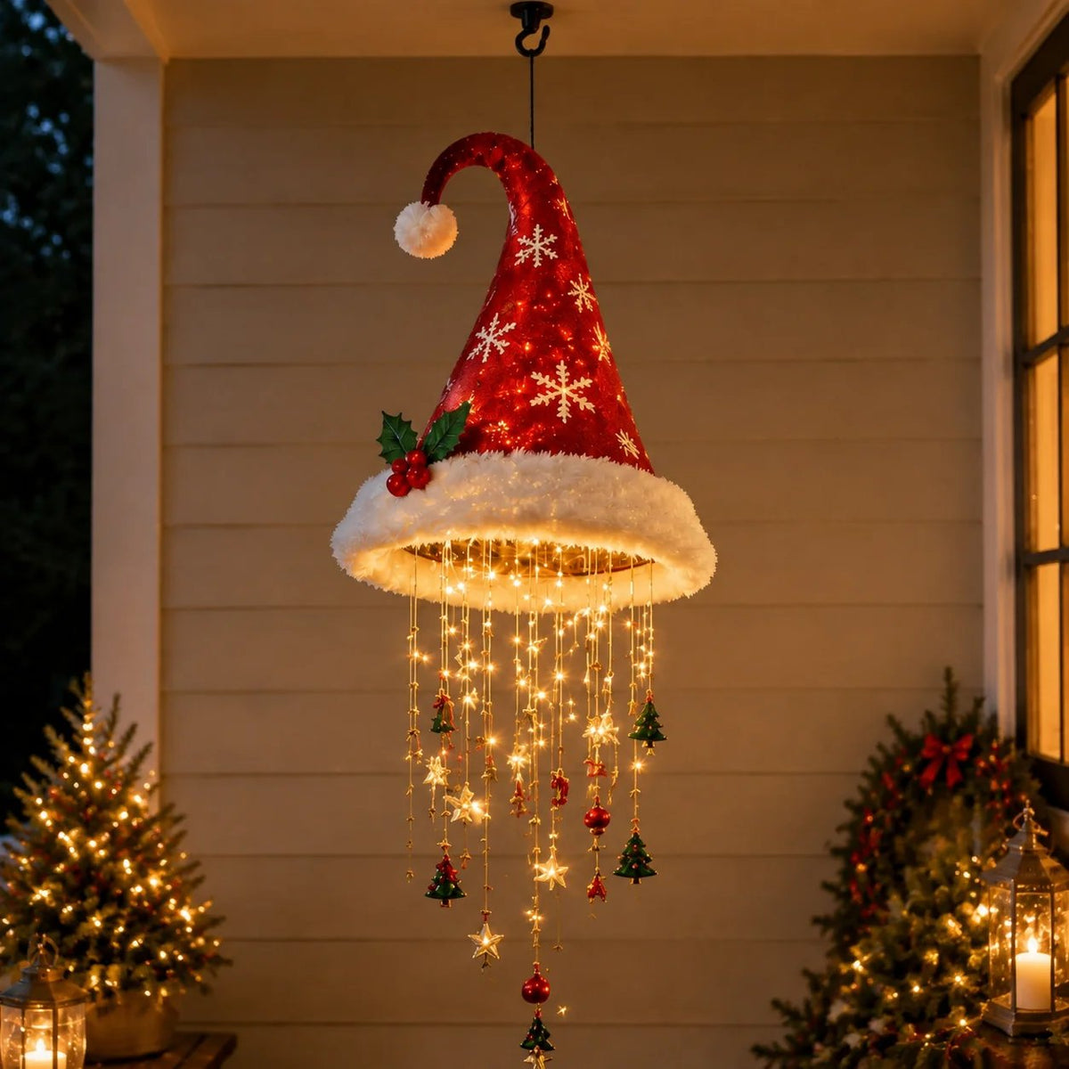 🎅 Beleuchteter Weihnachtsmannhut als Hängeleuchter 🎄 | 3 verschiedene Designs, warme LED-Lichterkette | Weihnachtsdeko für drinnen und draußen, Geschenkidee