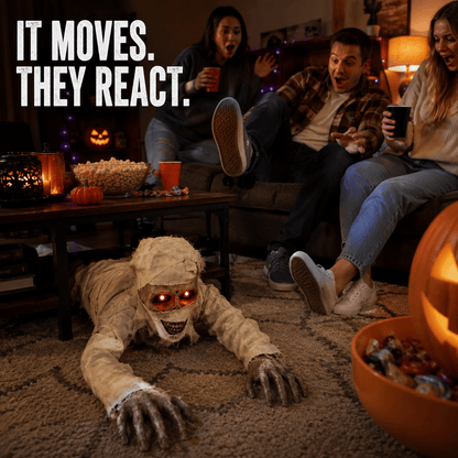 💀Sound-Activated Animated Crawling Mummy with Glowing Red Eyes