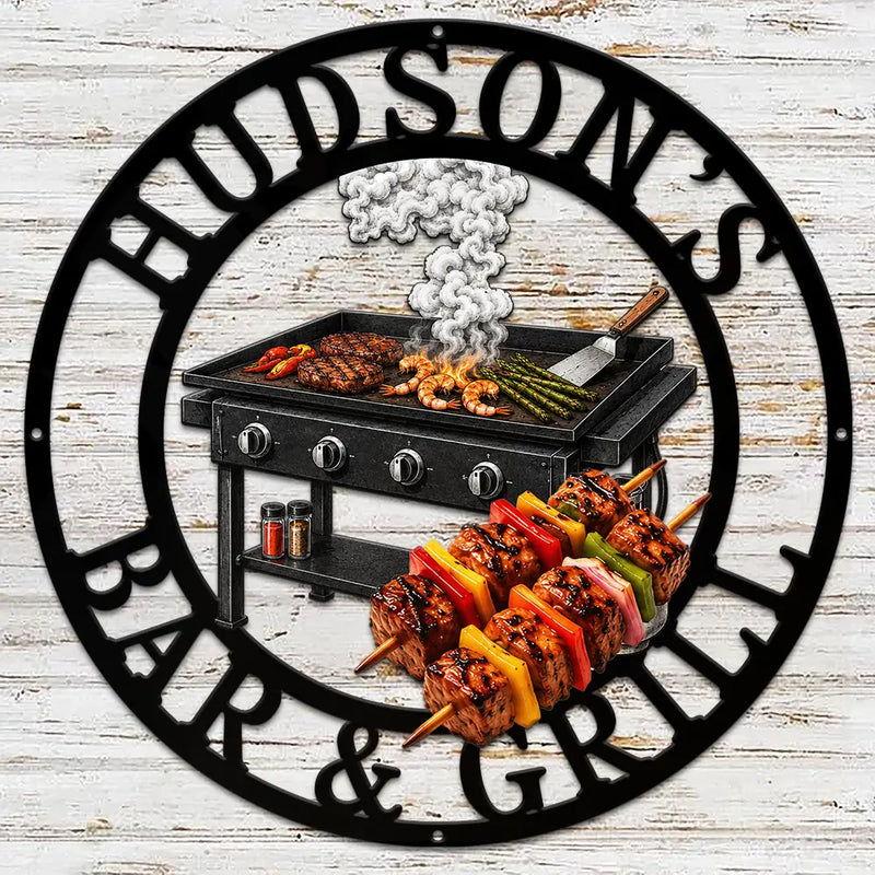 Custom Shaped Metal Sign, Personalized Black Grill & Chill Smoker Scene, Unique BBQ Gift for Dad or Grandpa