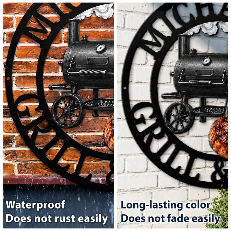 Custom Shaped Metal Sign, Personalized Black Grill & Chill Smoker Scene, Unique BBQ Gift for Dad or Grandpa