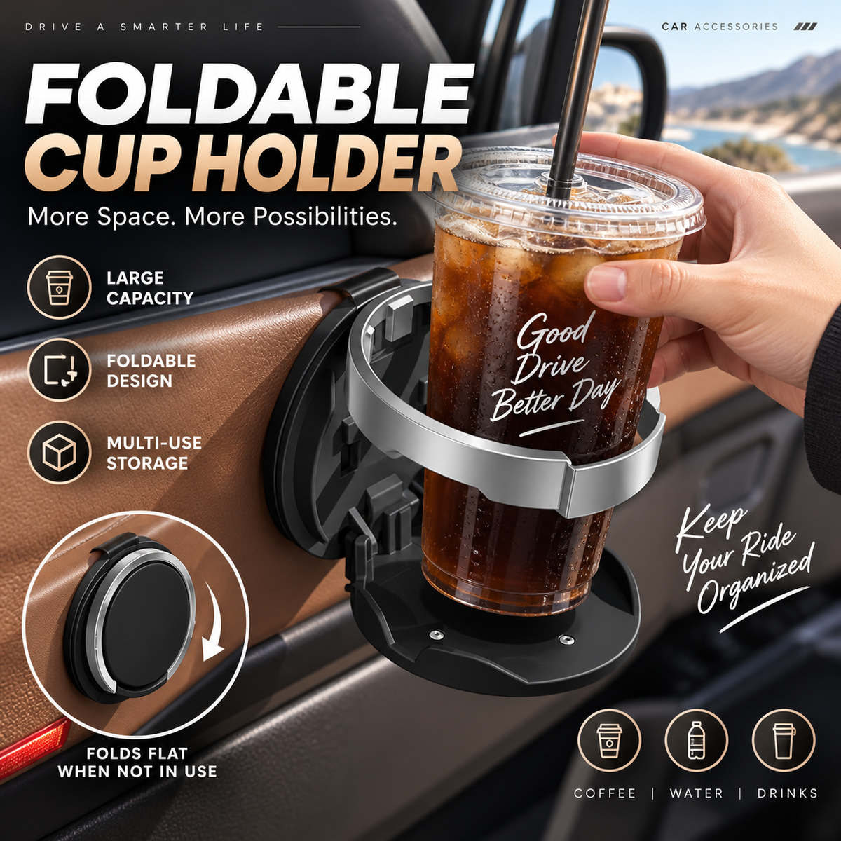 🚗✨ No More Spills! – Foldable Space-Saving Car Door Cup Holder
