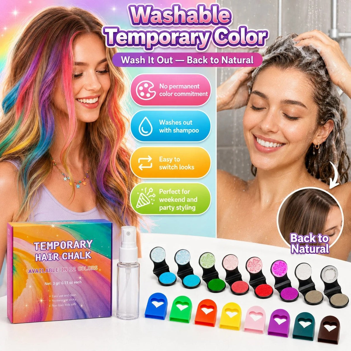 🌈Last Day 50% OFF🔥 - 🌈12-Color Temporary Hair Chalk Applicator Set