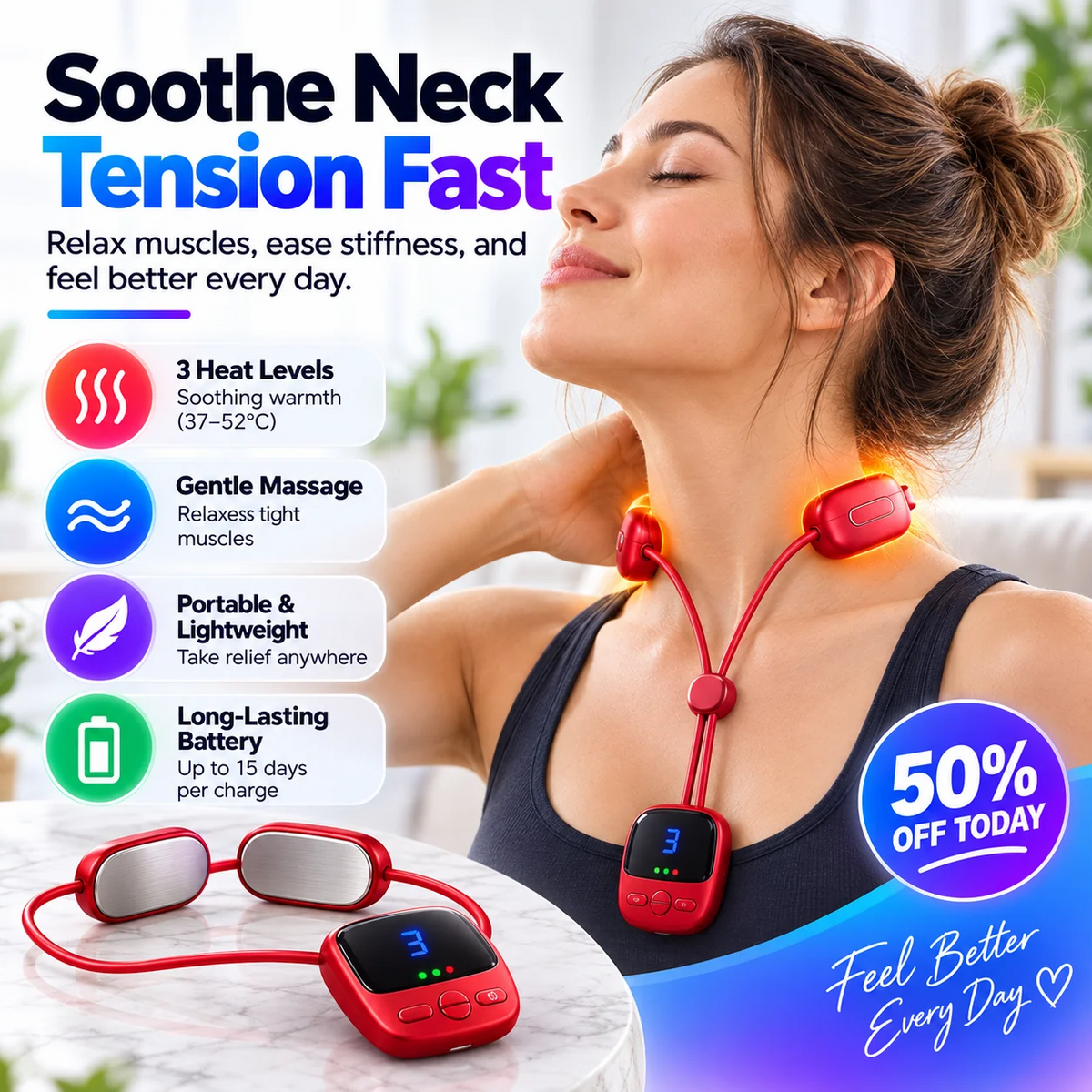 🔥Mini Necklace-Style Neck Massager - 4 Modes, 9 Intensity Levels, 3 Heat Settings, Smart Dual-Pulse Pendant Design