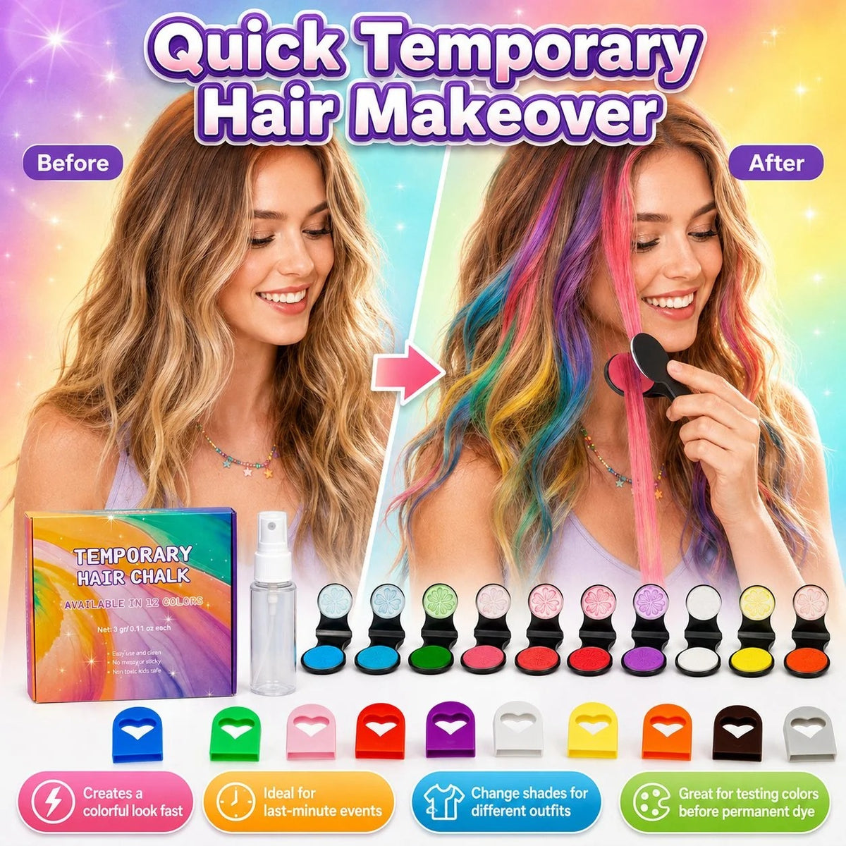 🌈Last Day 50% OFF🔥 - 🌈12-Color Temporary Hair Chalk Applicator Set