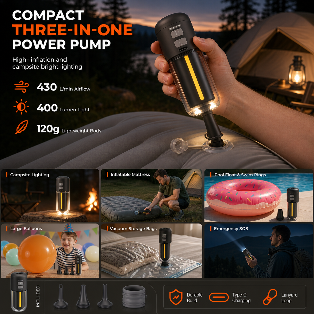 📢📢40% OFF !! ⏰ Portable Outdoor Air Pump and Deflator with Emergency Light Ambient Light and SOS Function for Pool Floats Inflatable Boats and Air Mattresses